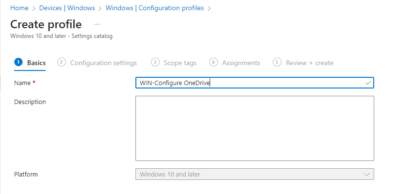 Configuration profile Basics tab with name and description